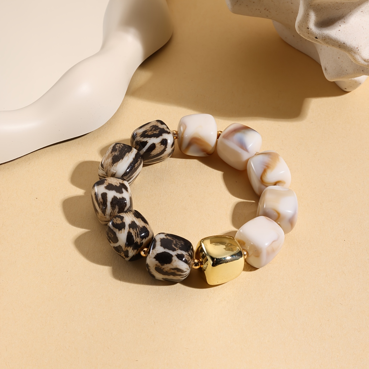Leopard Print Dopamine Color Block Beaded Stretch Bracelet